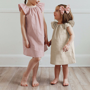 现货 公主裙子服装 女童连衣裙夏新款 亚麻竹纤维混纺纯色可爱小飞袖