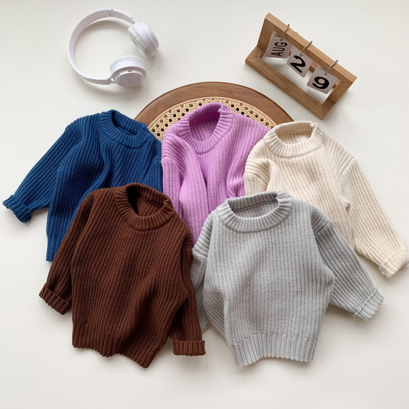 跨境毛衣男女宝宝纯色圆领套头毛