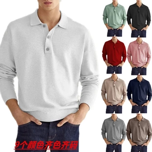 wish亚马逊 长袖 2023男装 欧美秋季 T恤 V领纽扣男士 休闲上衣polo衫