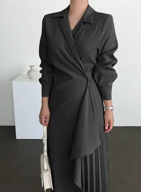 女式正式优雅衬衫连衣裙复古长款纯色吊带裙长款束腰连衣裙