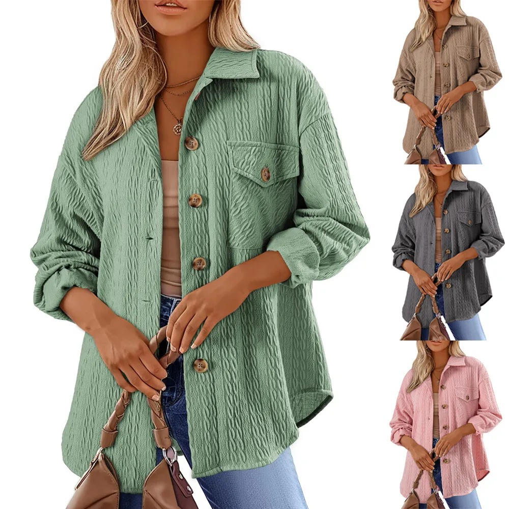 亚马逊2024欧美跨境外贸秋冬新款纯色翻领口袋纽扣长袖宽松外套女