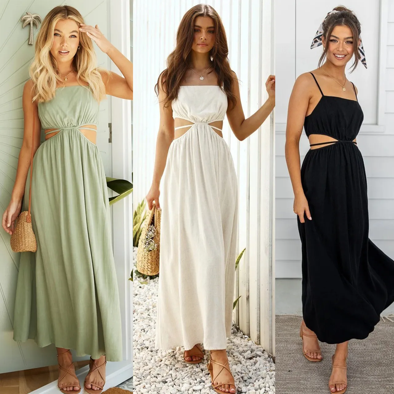 2022年欧美跨境春夏新款 气质系带露腰吊带连衣裙-22071
