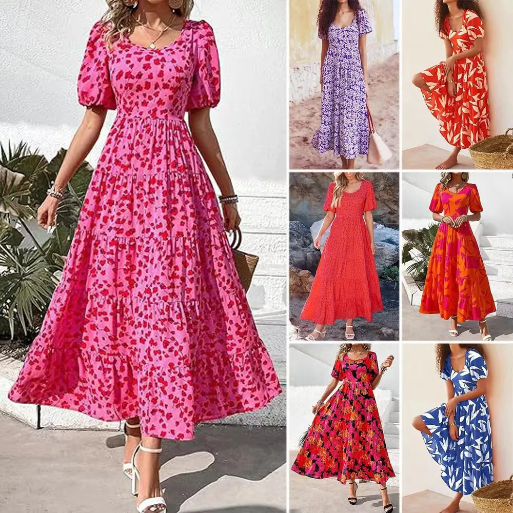 2024欧美外贸跨境女装亚马逊  泡泡袖缩褶露背印花分层短袖连衣裙