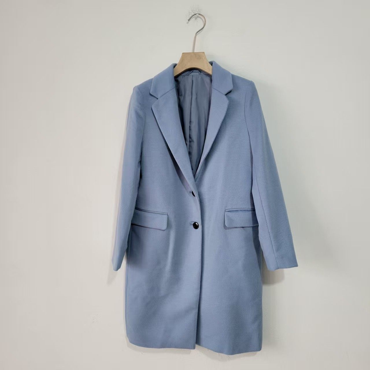 日单GU学院风简约气质蓝色毛呢外套女中长款西装领单排扣大衣显瘦,女装/女士精品,毛呢外套,淘宝优惠券,粉丝福利购,淘宝优惠卷