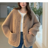 4色日单秋冬纯色气质女士毛绒外套新款 半圆领羊羔毛宽松开衫 上衣