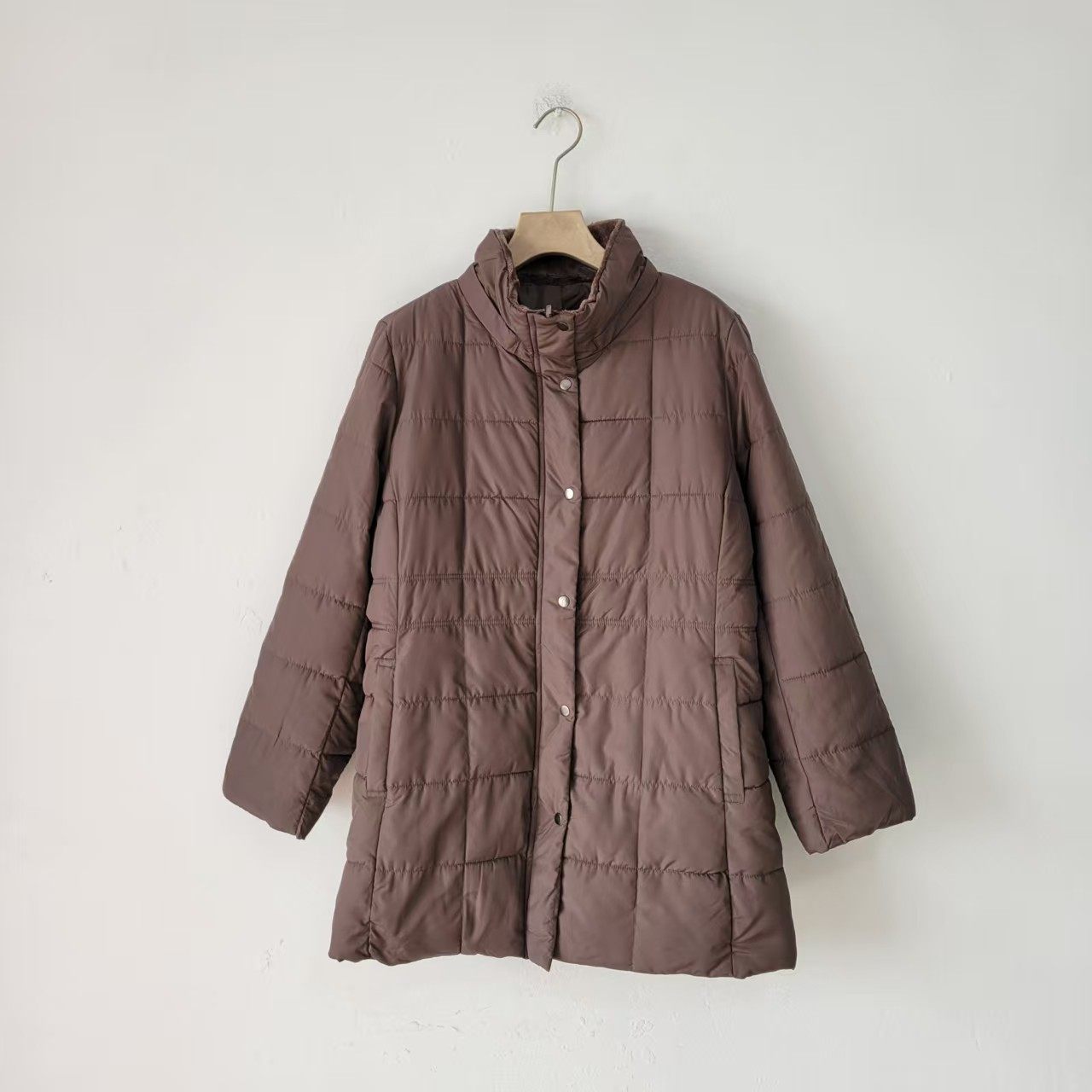 日单通勤风立领菱格纹棉服女中长款宽松保暖单排扣棕色棉袄外套女,女装/女士精品,汉服上装,淘宝优惠券,粉丝福利购,淘宝优惠卷