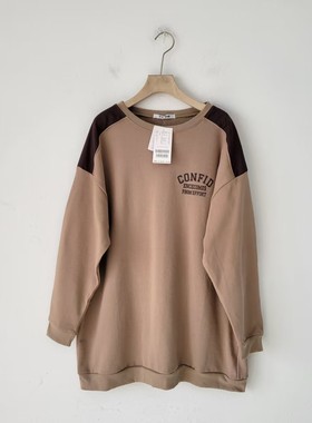 6900日元春秋季圆领撞色拼接卫衣女宽松中长款套头百搭遮垮上衣女