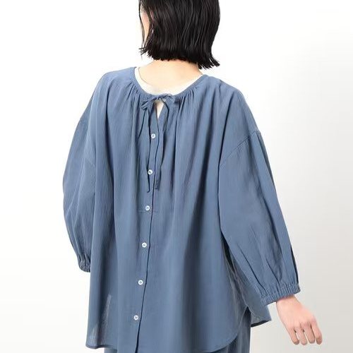 2WAY日单纯棉通勤风宽松圆领长袖衬衫女纯色气质衬衣女单排扣上衣