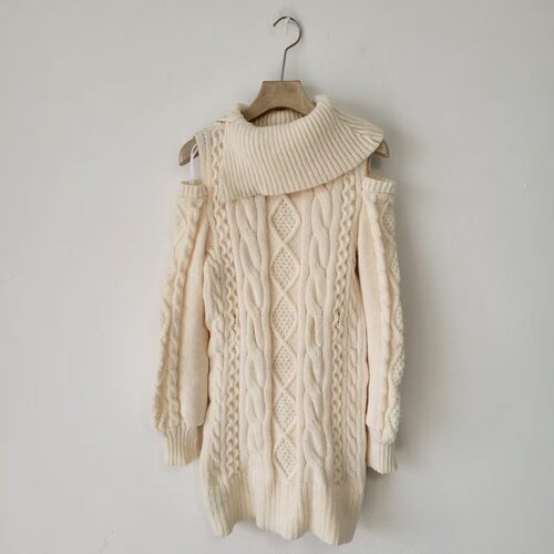 6款日系慵懒风高领露肩针织衫女秋冬宽松中长款米白色毛衣上衣