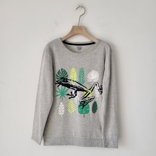 圆领套头卫衣女美式 鱼鳞毛圈棉植物印花长袖 灰色上衣 春秋季 美式