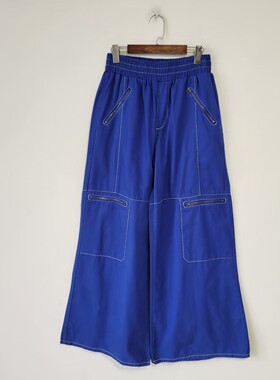 Z家春秋季工装风阔腿裤男女撞色口袋设计松紧腰宽松显瘦休闲裤潮