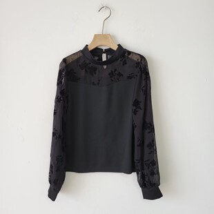 日单春秋季淑女风半高领提花拼接长袖衬衫女黑色显瘦打底衫女上衣