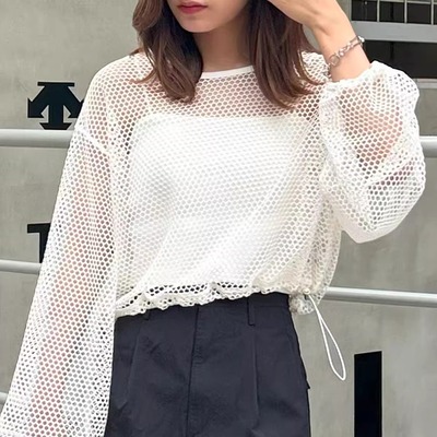 日单春秋季女装2025新款镂空透视宽松上衣女日系新款圆领长袖罩衫