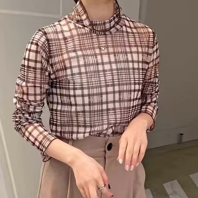 日单新款秋季休闲百搭显瘦女新款经典女格子长袖打底衫洋气女上衣