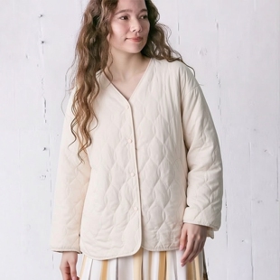 日单秋冬季Gle*eful 休闲V领绗缝棉服 无领宽松轻量棉服纯色外套