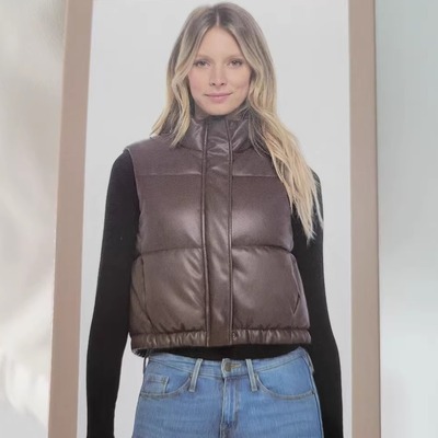 美式无袖羽绒棉背心女冬季2025新款小个子短款PU皮坎肩马夹外套女