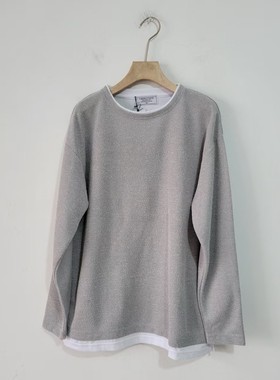 5款日单极简风圆领长袖针织衫女宽松套头假两件通勤上衣灰色