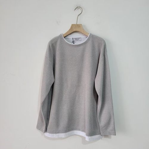 5款日单极简风圆领长袖针织衫女宽松套头假两件通勤上衣灰色