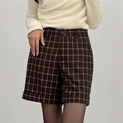 70%羊毛 日单秋冬季复古格纹高腰显瘦短裤女直筒裤卷边毛呢女靴裤