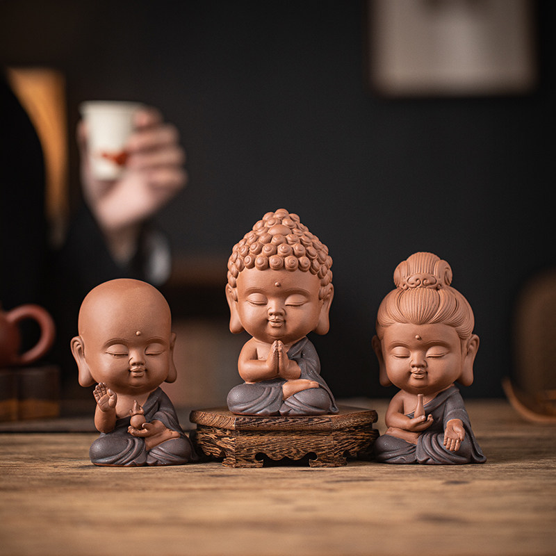 禅意紫砂婆娑三圣如来茶宠摆件精品可养陶瓷小茶玩茶台造景装饰品