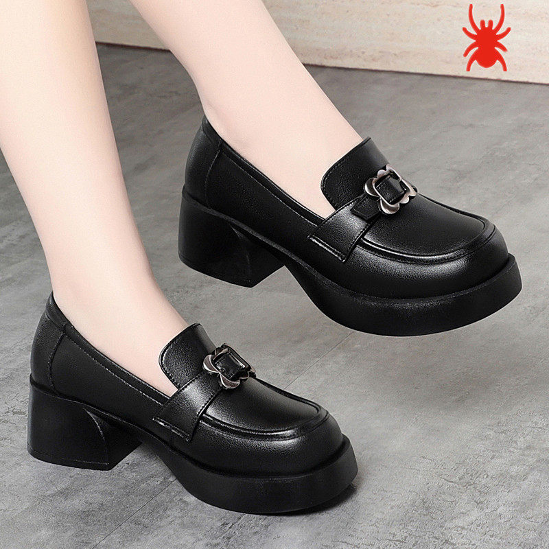 蜘蛛王头层牛皮女鞋乐福鞋女粗跟厚底一脚蹬软底舒适百搭皮鞋防滑