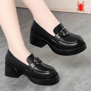 蜘蛛王头层牛皮女鞋乐福鞋女粗跟厚底一脚蹬软底舒适百搭皮鞋防滑