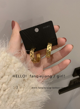 vintage做旧菱格c型耳钉耳环女复古港风韩国气质网红2020新款