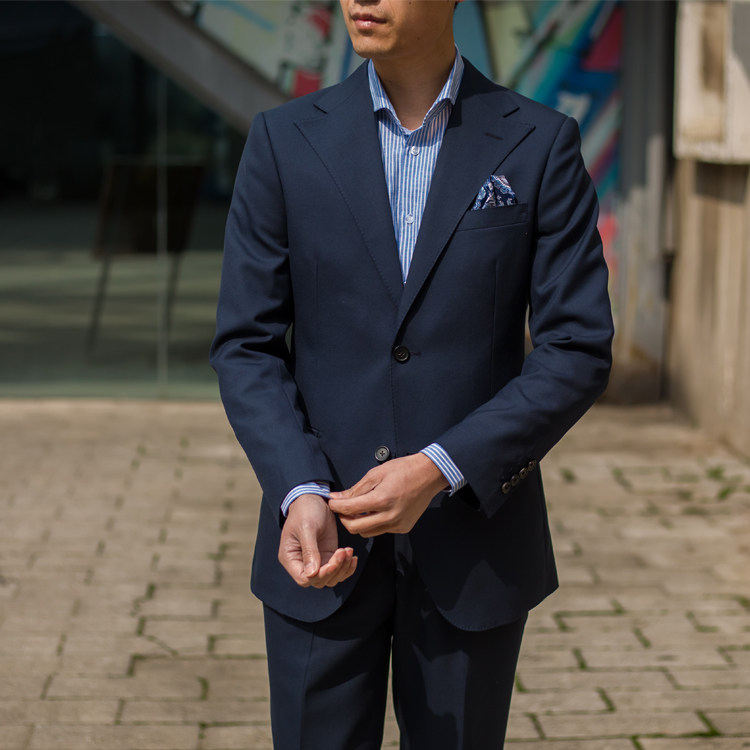 春款藏蓝色弯刀领羊毛西装修身欧版男西服复古宽领