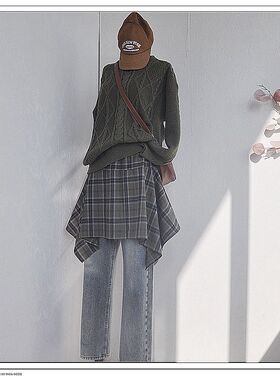 原创设计格子格纹不规则屁帘裙帘罩裙半身裙叠穿松紧腰半裙棉质