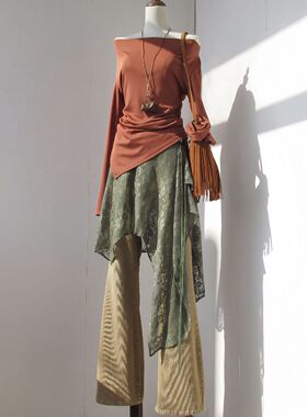 原创绿色黑色蕾丝不规则一片式系带屁帘裙帘中长款叠穿多种穿法