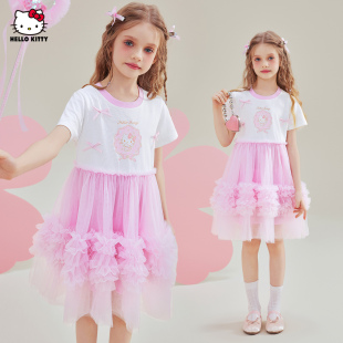 HelloKitty凯蒂猫女童夏季短袖网纱T恤裙2025卡通印花可爱连衣裙