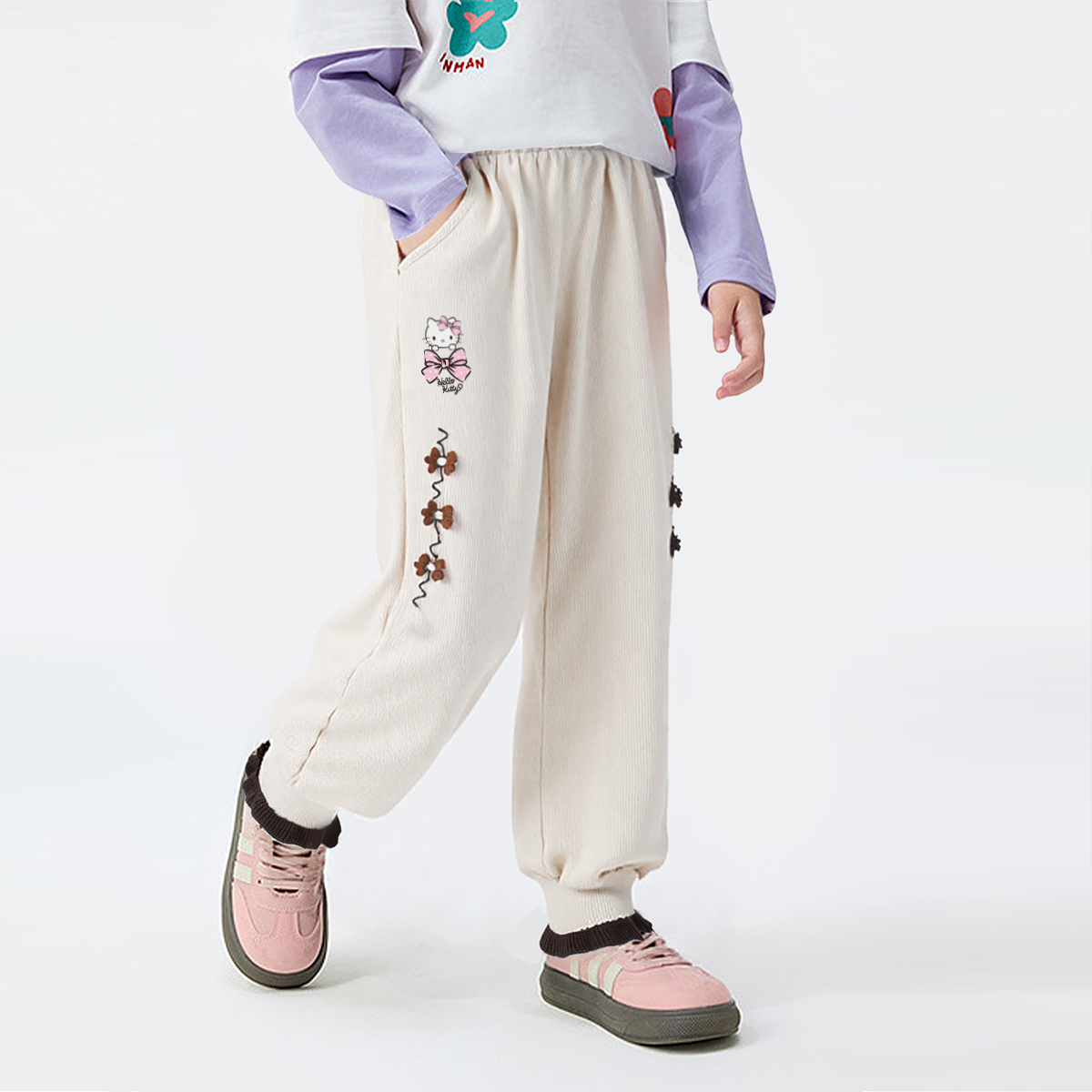 HelloKitty凯蒂猫女童秋季休闲束腿裤2025小花装饰点缀设计款裤子