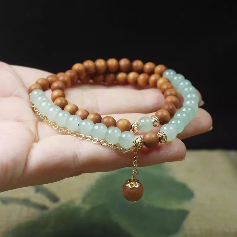 绿檀木手串国风女款盘玩佛珠念珠盘玩木质双层木头文玩檀木手链