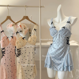 Nicelaisiii奶油派 性感冰丝显瘦睡衣 带胸垫蕾丝缎面吊带睡裙法式