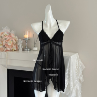 Nicelaisiii轻柔乖甜 蕾丝网纱性感约会睡衣挂脖露背镂空御姐睡裙