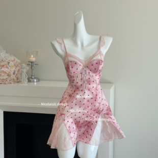 Nicelaisiii温柔千金 甜美波点带胸垫睡裙蕾丝纯欲露背睡衣新款