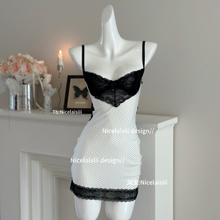 睡衣女 波点吊带睡裙蕾丝带钢圈聚拢包臀修身 Nicelaisiii 简约法式