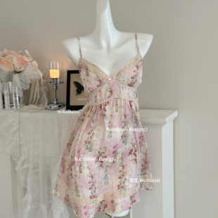 吊带睡裙冰丝纯欲性感睡衣大码 Nicelaisiii花序 碎花带胸垫春夏季