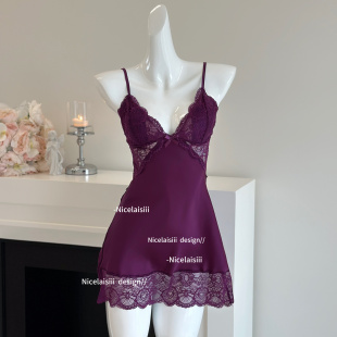 Nicelaisiii今夜撩人 冰丝吊带睡衣 蕾丝御姐约会睡裙显瘦性感法式