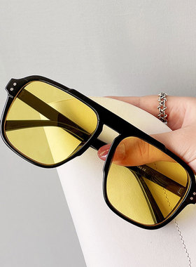 复古透明黄色墨镜男士潮牌ins防紫外线太阳镜女大框显瘦海边度假