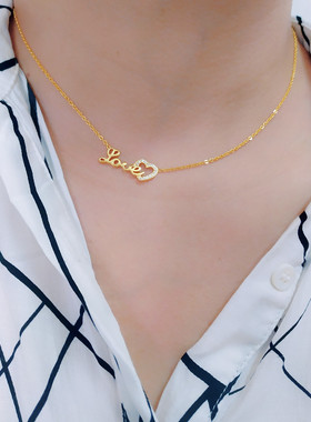 简约18K金色镶钻心形love金色锁骨链高级感高定保色森系情侣项链