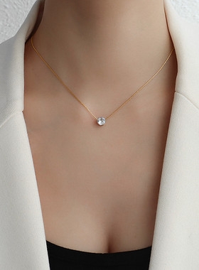 法式ins风简约细链单钻锁骨链 钛钢镀18K金色小众轻奢锆石项链女