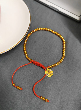 手工编织喜字福牌18K包金豆豆金珠手链红绳女圆珠可调节手绳礼物