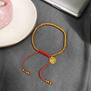 手工编织喜字福牌18K包金豆豆金珠手链红绳女圆珠可调节手绳礼物