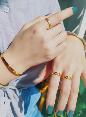 日韩简约气质镀18K金色光面开口手镯 女网红不褪色手环精致手链