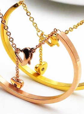 新年18K黄金色简约光面手镯锆钻爱心淑女闺蜜礼物不褪色情侣手链