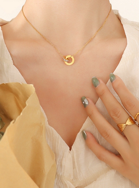 欧美个性风潮罗马带钻双环耳环项链钛钢首饰套装镀18K金色锁骨链