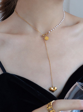 新款小众轻奢幸运圆牌桃心爱心珍珠项链女钛钢ins网红锁骨链礼物