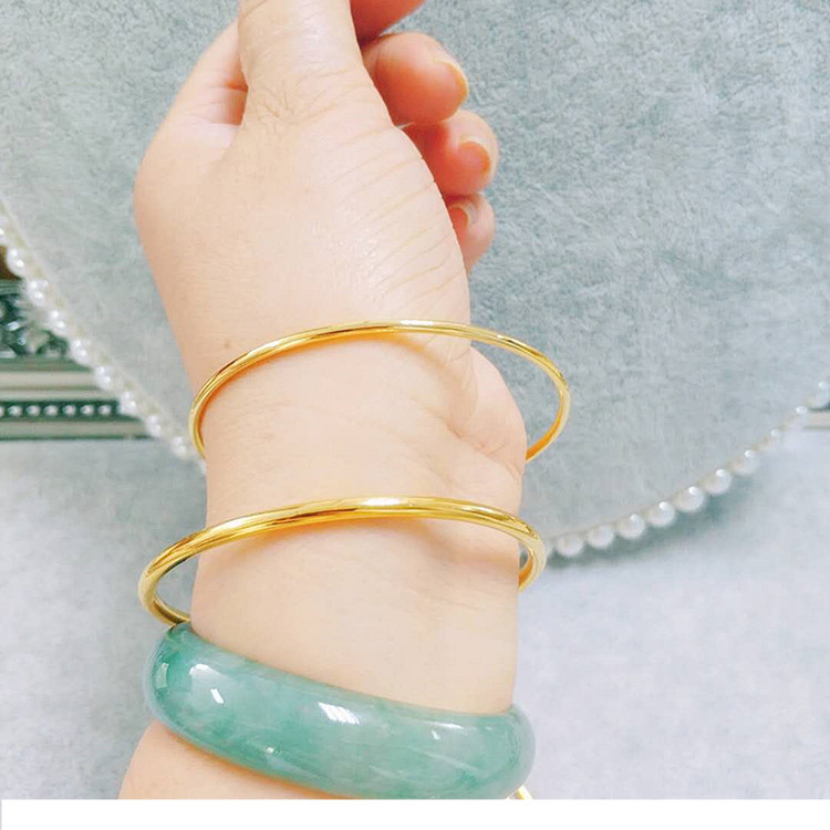 精致18K金色光面新中式叠戴定制手镯女黄金色极细手环防过敏镯子