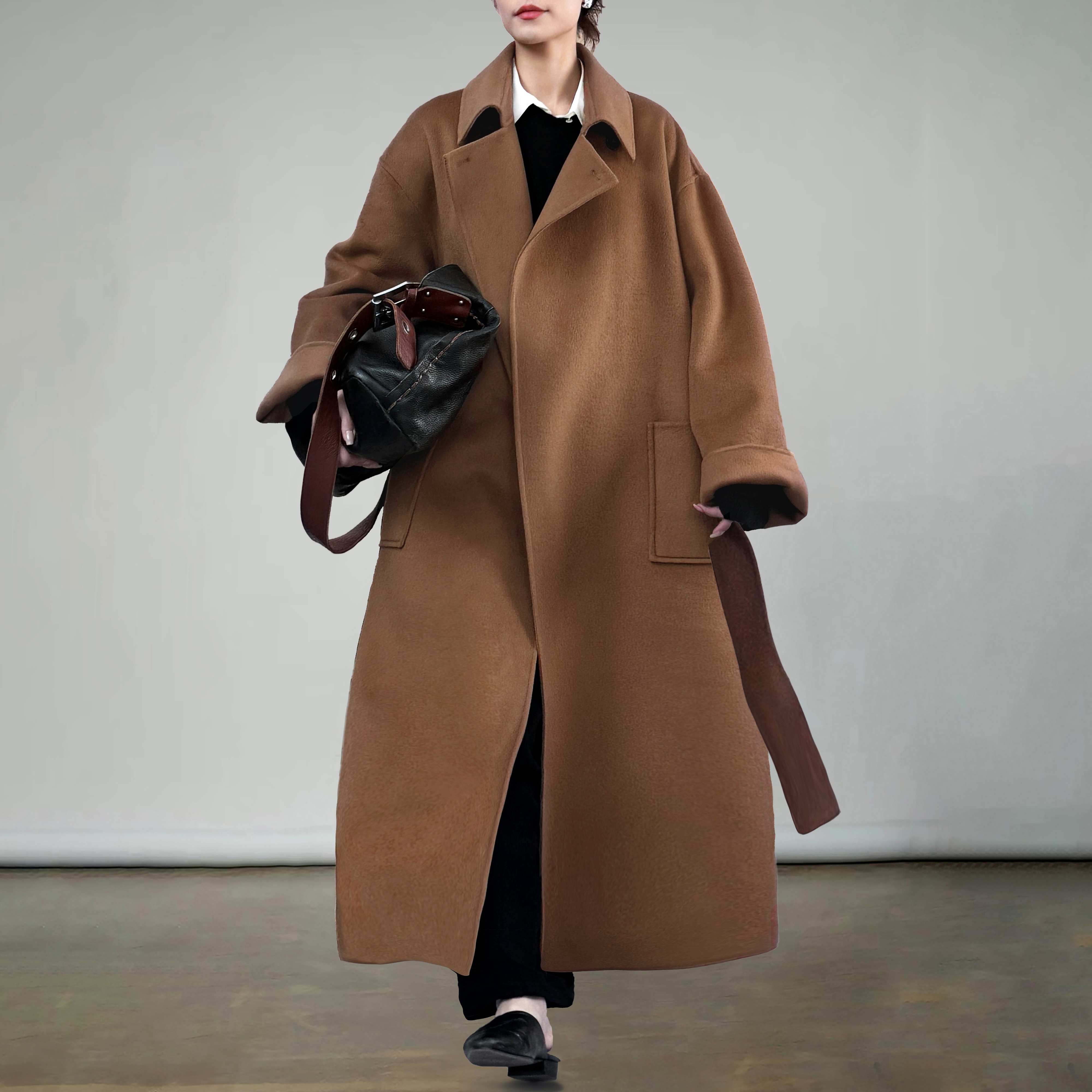 陈小满原创设计双面羊绒羊毛金驼色单排双扣拿破仑领系带长款大衣